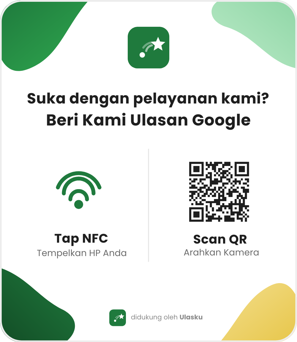 Kartu Ulasku NFC & QR Code untuk ulasan Google: 'Suka dengan pelayanan kami? Beri Kami Ulasan Google'